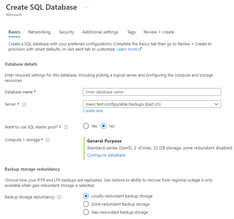 Capture d’écran du portail Azure dans lequel vous pouvez modifier la redondance du stockage de sauvegarde à partir de l’onglet Informations de base lorsque vous créez votre base de données.