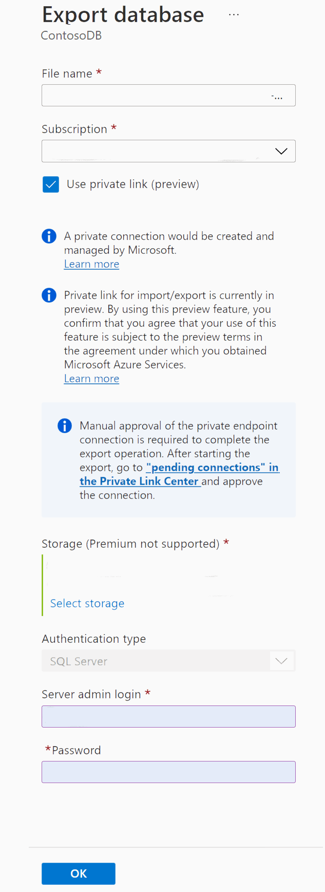 Capture d’écran du portail Azure montrant comment activer une liaison privée d’exportation.