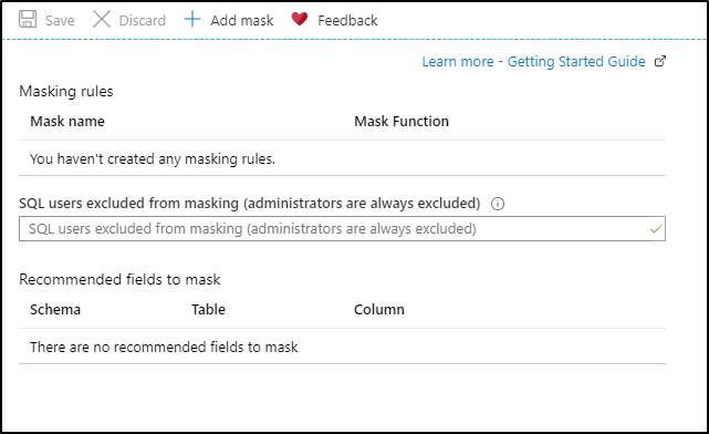 Capture d'écran représentant la page de configuration de Dynamic Data Masking.