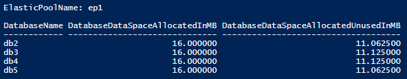 Capture d’écran de la sortie de la cmdlet PowerShell associée, montrant l’espace alloué au pool élastique et l’espace alloué inutilisé.