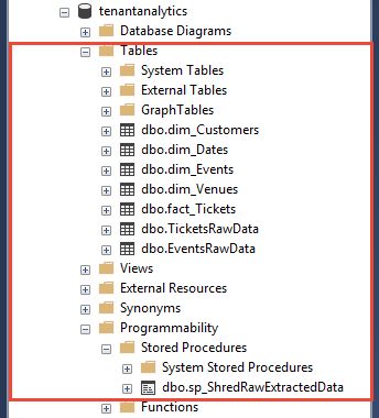 Capture d’écran des éléments de base de données affichés dans l’Explorateur d’objets SSMS.