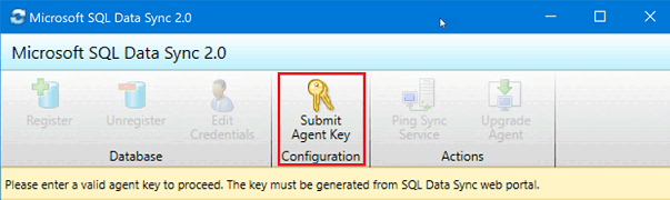 Capture d’écran de l’application agent client Synchronisation des données Microsoft SQL 2.0. Le bouton Envoyer la clé de l’agent est mis en évidence.