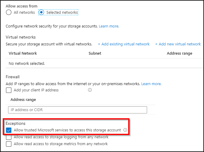 Capture d’écran montrant la boîte de dialogue Pare-feu et réseaux virtuels, avec l’option Autoriser les services Microsoft approuvés à accéder à ce compte de stockage sélectionnée.