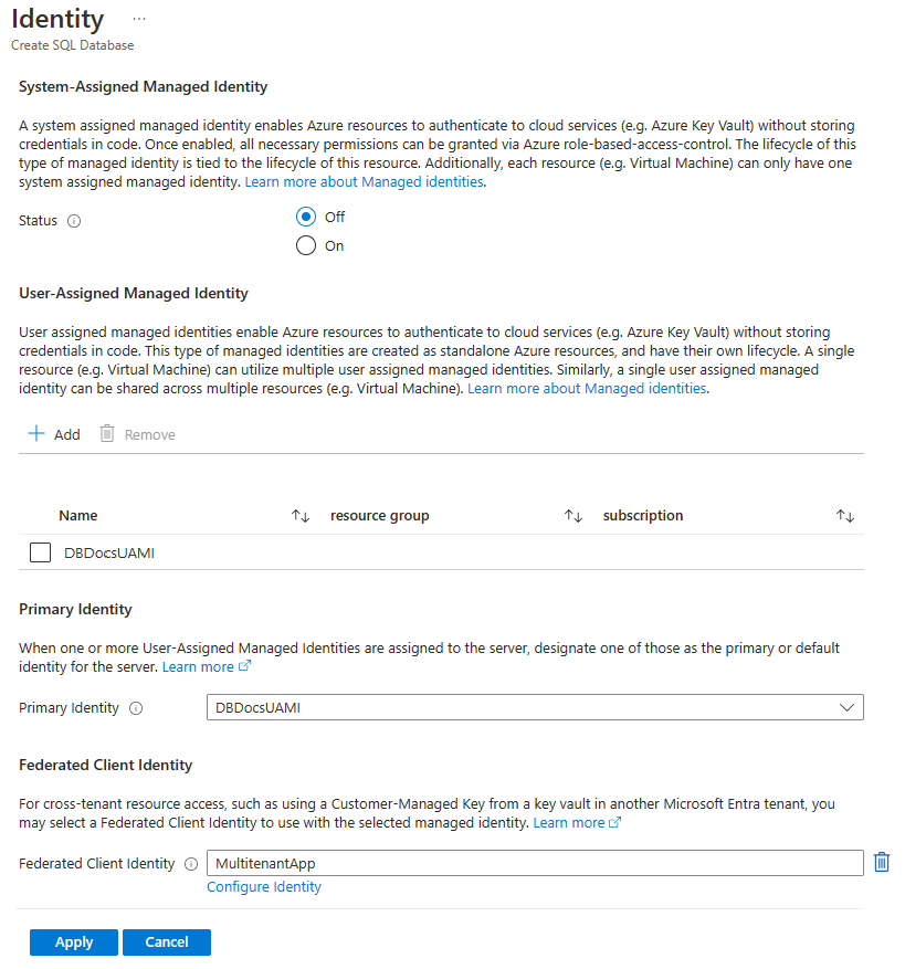 Capture d’écran d’une identité managée affectée par l’utilisateur lors de la configuration de l’identité du serveur.