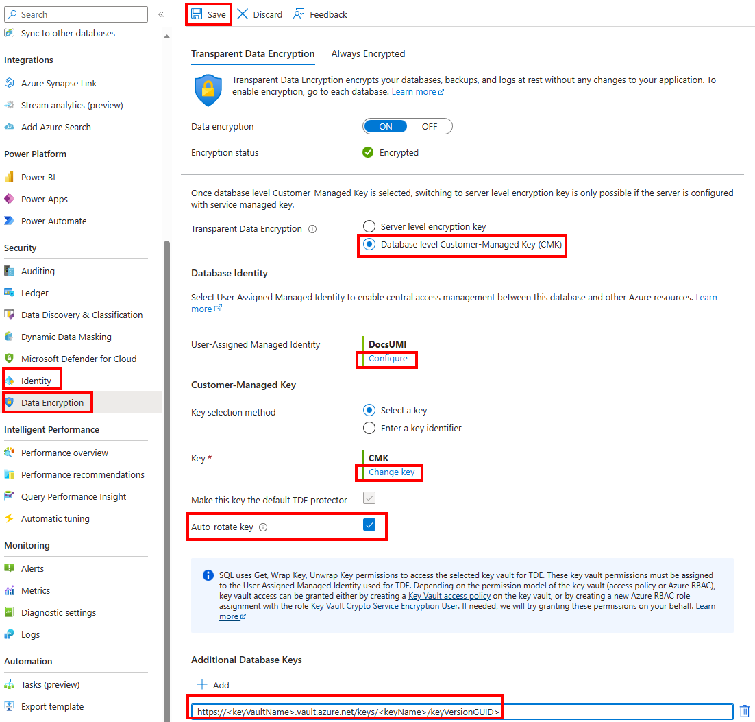 Capture d’écran de la page du portail Azure pour activer le chiffrement transparent des données lors de la mise à jour d'une base de données existante.