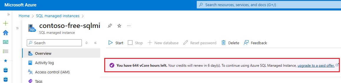 Capture d’écran montrant les heures vCore restantes pour une instance gratuite dans le portail Azure.