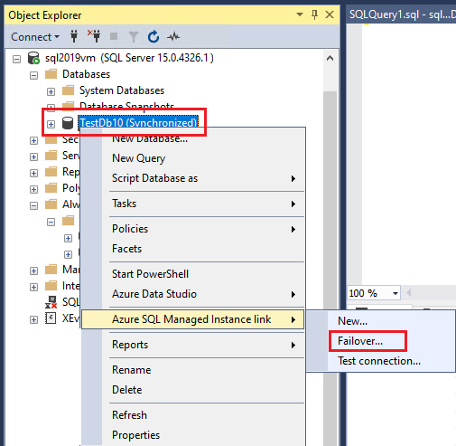 Capture d’écran montrant une option du menu contextuel de la base de données pour le basculement.