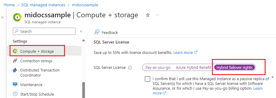 Capture d’écran de la page de calcul et de stockage pour votre instance managée dans le portail Azure avec les droits de basculement hybride en surbrillance. 