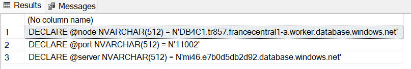 Capture d’écran montrant la sortie du script qui génère des valeurs de paramètres pour les tests de connectivité dans SSMS.