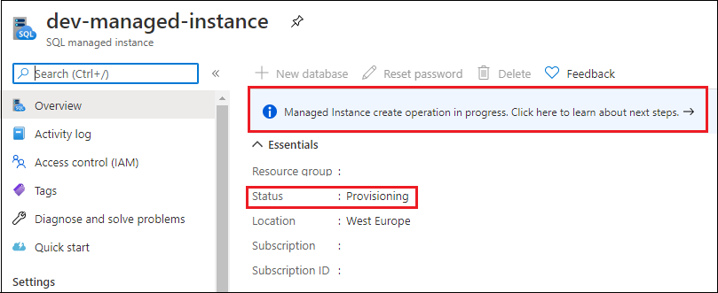 Progression de la création d'une instance gérée