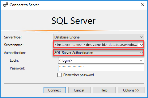 Capture d’écran de la boîte de dialogue de connexion au serveur dans SSMS.