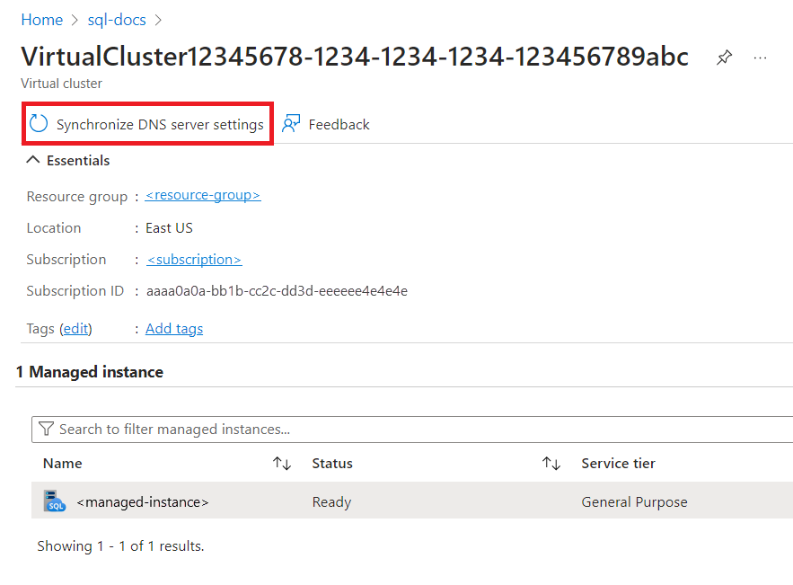 Capture d'écran montrant l'action Synchroniser les paramètres du serveur DNS sur la page de présentation du cluster virtuel.