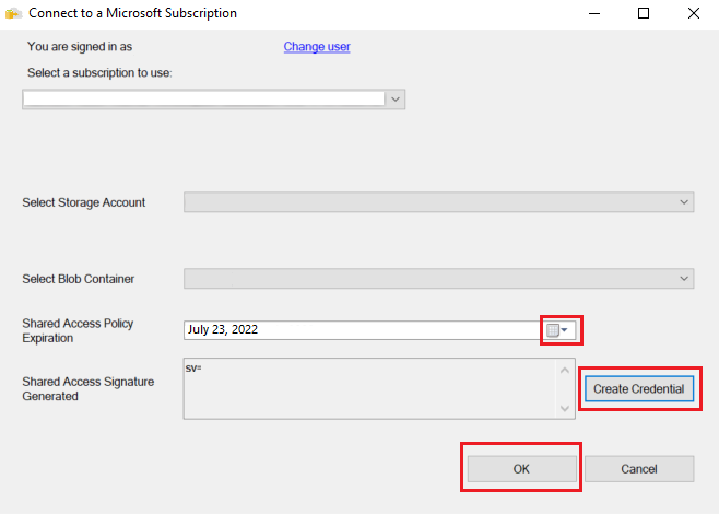 Capture d’écran de la boîte de dialogue Se connecter à un abonnement Microsoft. Créer des informations d’identification, OK, et la zone Expiration de stratégie d’accès partagé sont mis en évidence.