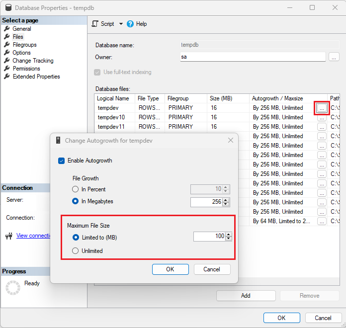 Capture d’écran de la boîte de dialogue Modifier la croissance automatique dans SSMS, avec la taille de fichier maximale mise en évidence.