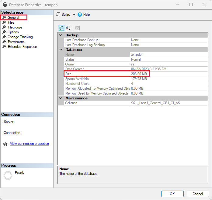 Capture d’écran des propriétés de la base de données tempdb montrant la taille maximale de tempdb dans SSMS.