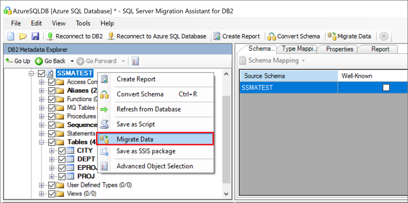 Capture d’écran montrant la sélection du schéma et le choix de l’option Migrer des données.