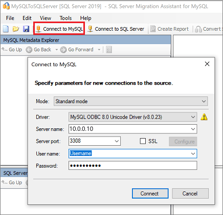 Capture d’écran du volet « Se connecter à MySQL » permettant d’indiquer les connexions à la source.