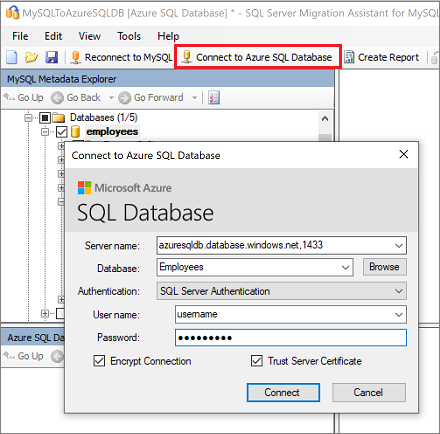 Capture d’écran du volet « Se connecter à Azure SQL Database » dans SSMA pour MySQL.