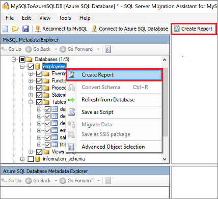 Capture d’écran des liens « Créer un rapport » dans SSMA pour MySQL.