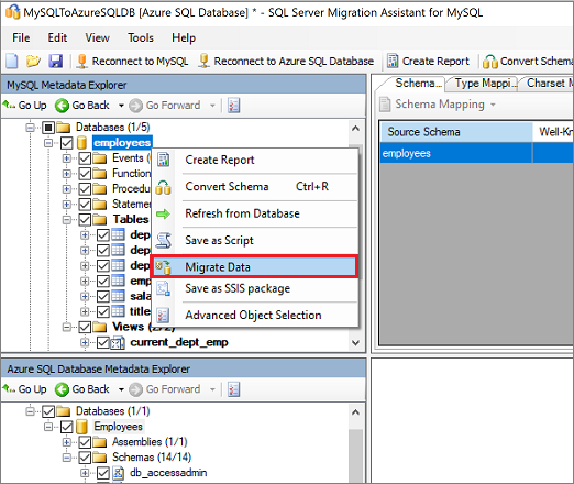 Capture d’écran de la commande « Migrer les données » dans le volet « Explorateur de métadonnées MySQL ».