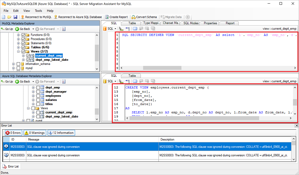 Capture d’écran montrant une comparaison des requêtes converties en code source.