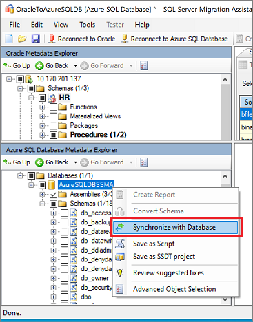 Capture d’écran montrant Synchronize with Database.