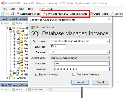 Capture d’écran montrant la connexion à Azure SQL Managed Instance.