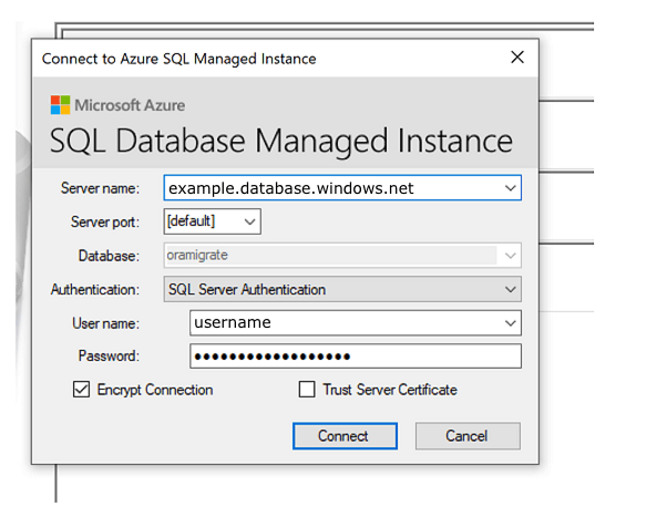 Capture d’écran montrant l’étape de connexion à la cible SQL.