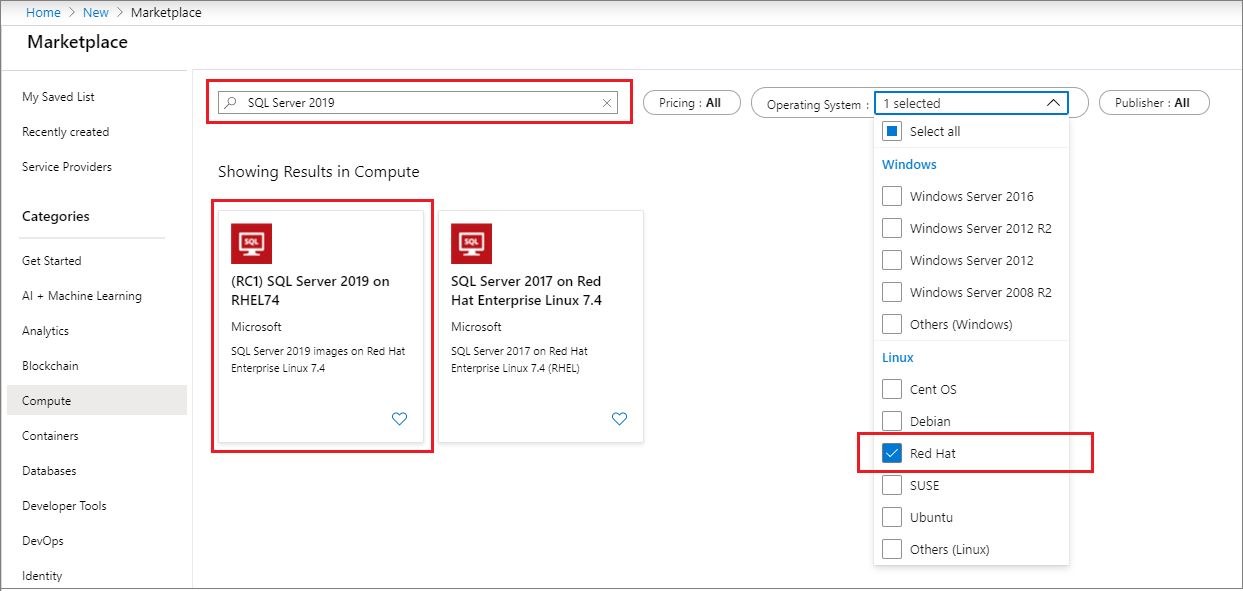 Filtre de recherche pour les images de machines virtuelles SQL Server 2019