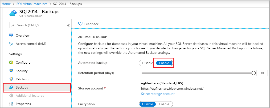 Capture d'écran de Sauvegarde automatisée SQL pour les ordinateurs virtuels existants.