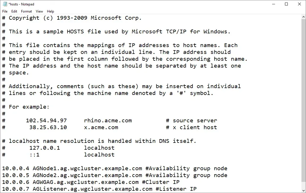 Ajouter les entrées correspondant à l'adresse IP, au cluster et à l'écouteur dans le fichier hosts