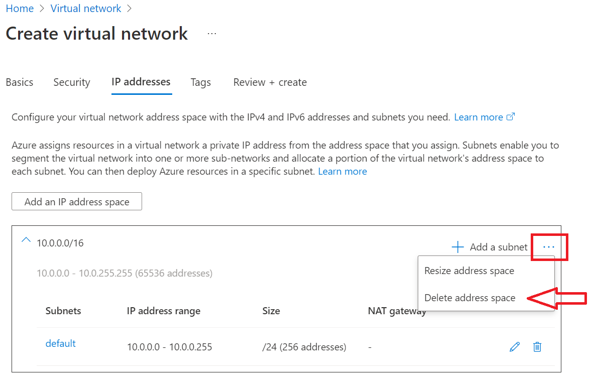 Capture d’écran du portail Azure montrant les sélections à effectuer pour supprimer un espace d’adressage.