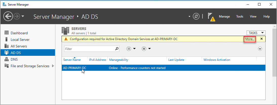 Capture d’écran d’un message sur la configuration d’un serveur DNS dans le tableau de bord Gestionnaire de serveur.