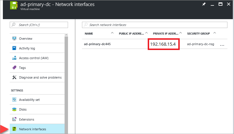 Capture d’écran d’une adresse IP privée dans le portail Azure.