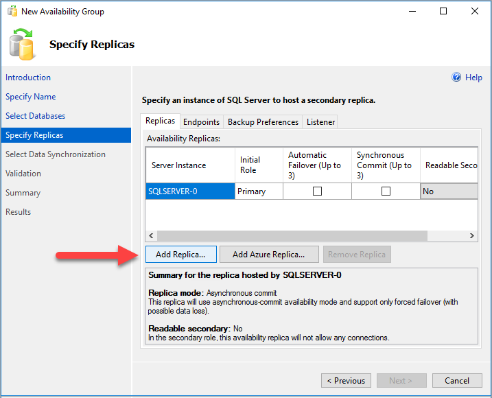 Capture d’écran du bouton permettant d’ajouter un réplica dans l’Assistant Nouveau groupe de disponibilité dans SSMS.