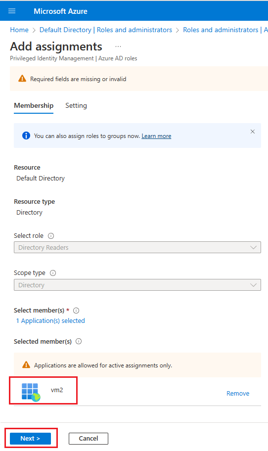 Capture d’écran de la page Ajouter une attribution dans le portail Azure, avec VM2 ajouté en tant qu’attribution.