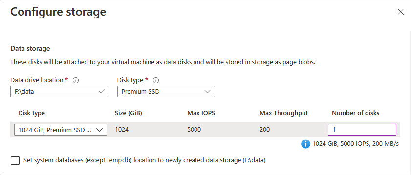 Capture d’écran montrant où vous pouvez configurer le stockage des fichiers de données pour votre machine virtuelle SQL.