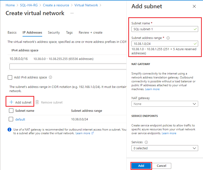 Nommez votre premier sous-réseau, par exemple, sql-subnet-1, puis ajoutez 1 au troisième octet, de sorte que si l’adresse IP de DC-subnet est 10.5.0.0, votre nouveau sous-réseau est 10.5.1.0