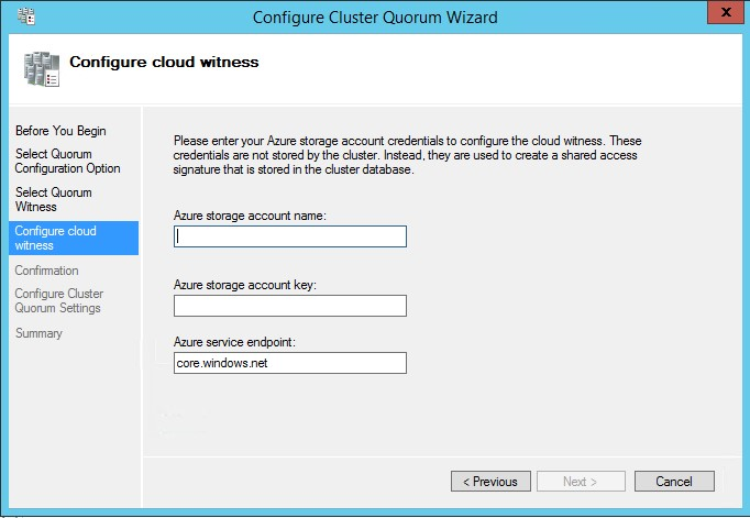 Capture d’écran du volet de configuration du témoin de cloud dans l’Assistant Quorum du cluster