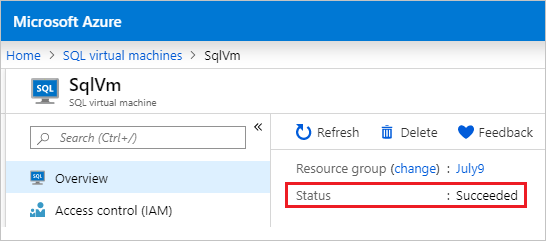 Capture d’écran montrant comment vérifier l’état avec l’inscription de fournisseur de ressources (RP) SQL.