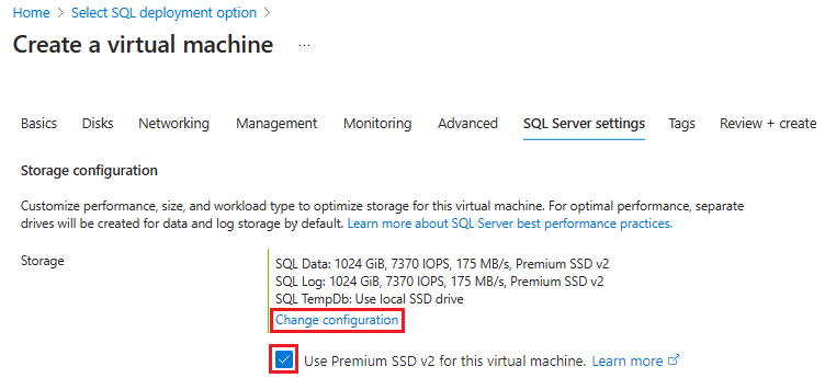 Capture d’écran de la section Configuration du stockage de la page de création de machine virtuelle dans le portail Azure.