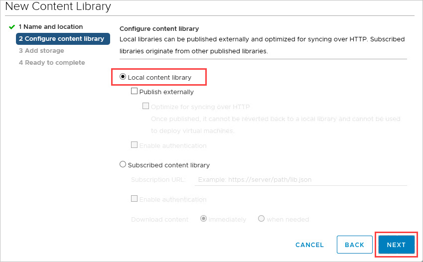 Capture d’écran montrant l’option Local content library sélectionnée pour la nouvelle bibliothèque de contenu.