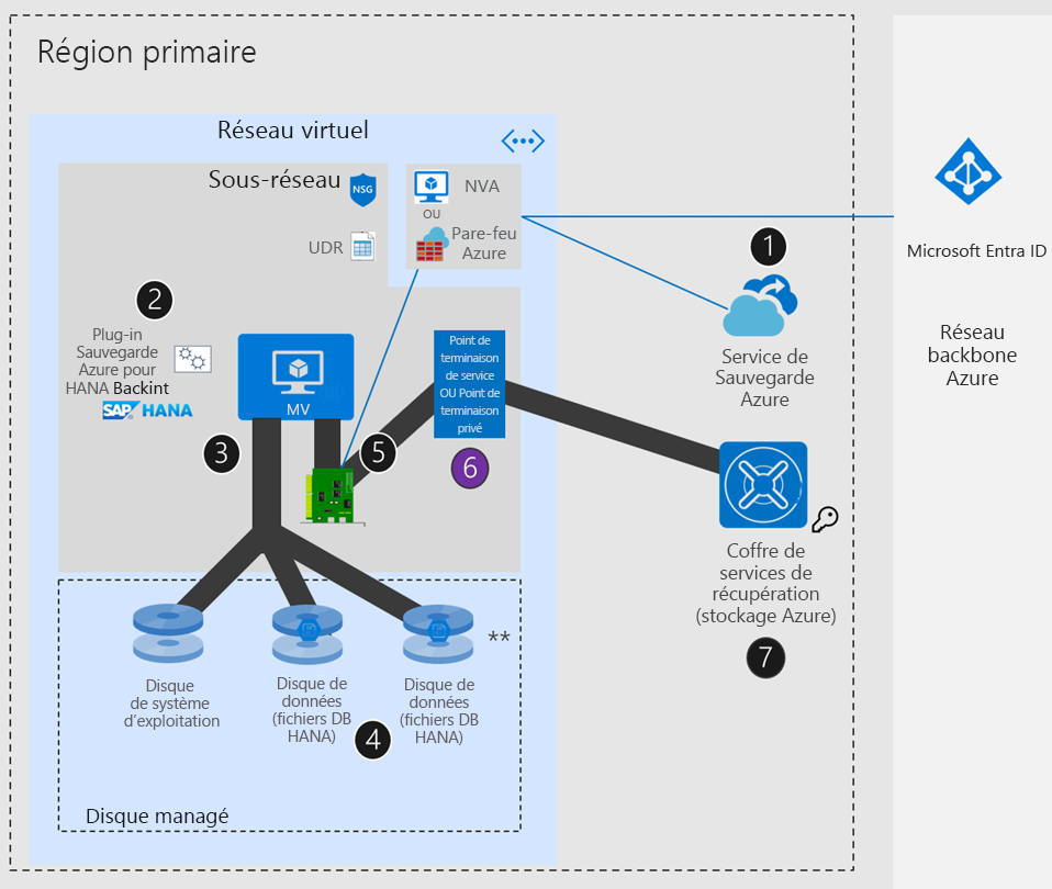 Diagramme montrant la configuration de SAP HANA si le réseau Azure est avec itinéraire défini par l’utilisateur (UDR) + appliance virtuelle réseau/Pare-feu Azure + Point de terminaison privé ou Point de terminaison de service.