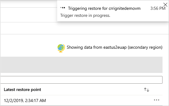 Capture d’écran montrant la notification « Déclenchement de restauration en cours ».