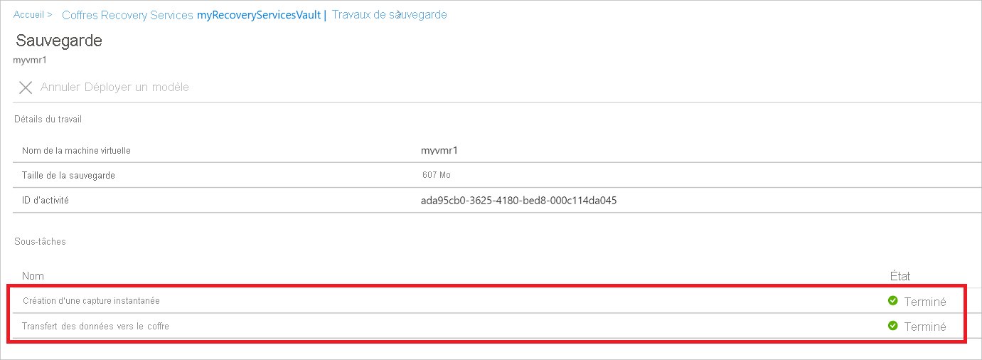 Capture d’écran montrant les sous-tâches d’état du travail de sauvegarde.