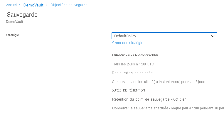 Capture d’écran montrant la stratégie de sauvegarde par défaut.