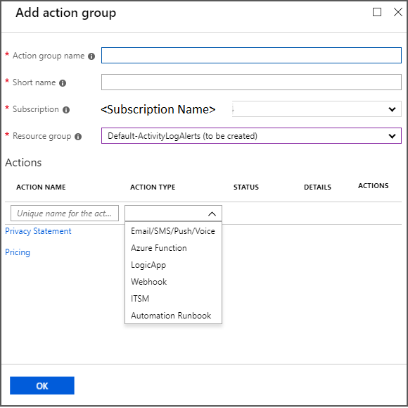 Mécanismes de notification disponibles dans la fenêtre « Ajouter un groupe d’actions »