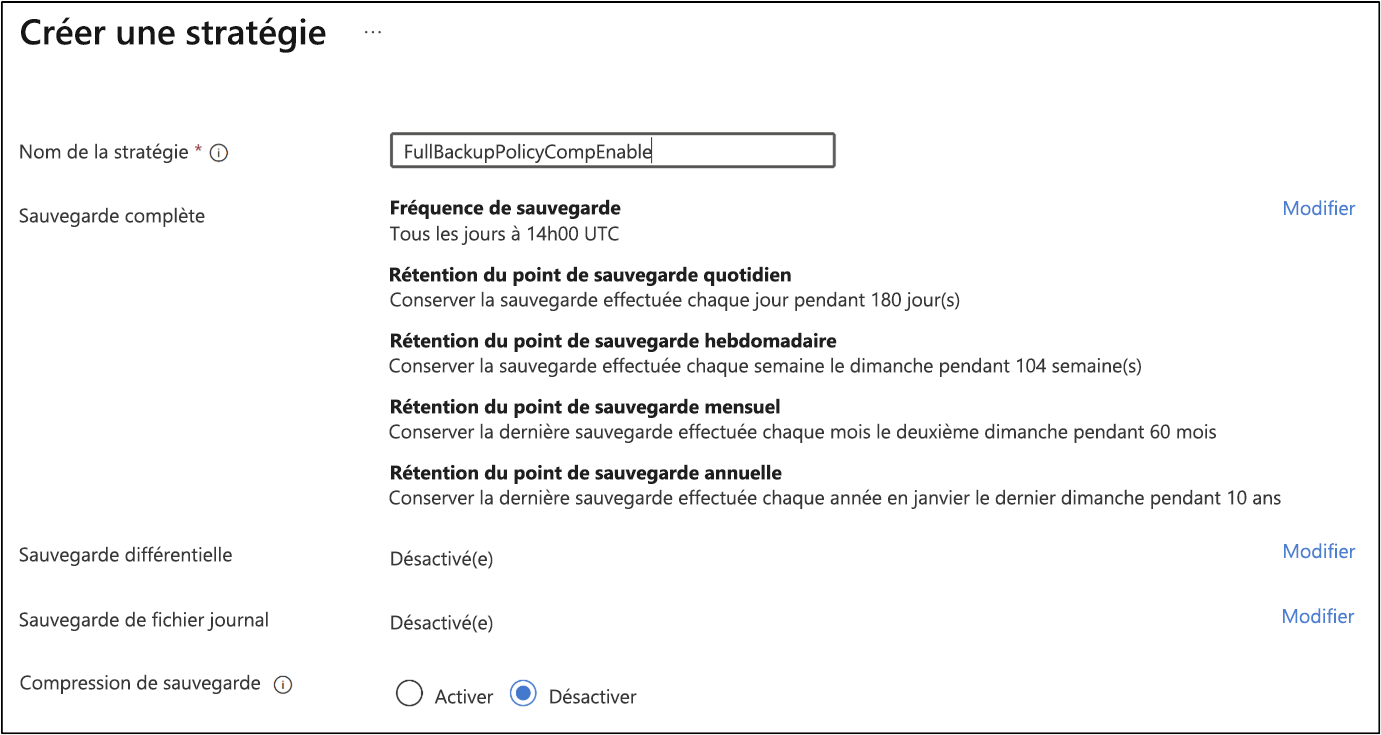Capture d’écran montrant comment créer une stratégie de sauvegarde.
