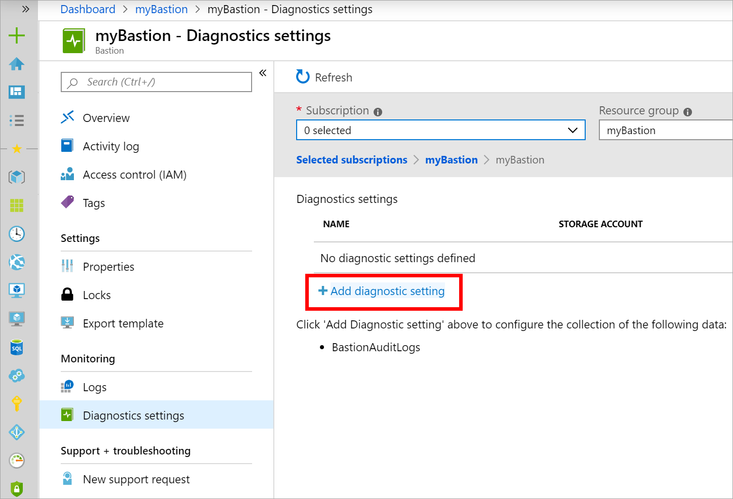 Capture d'écran représentant la page « Paramètres de diagnostic », sur laquelle le bouton « Ajouter un paramètre de diagnostic » est sélectionné.