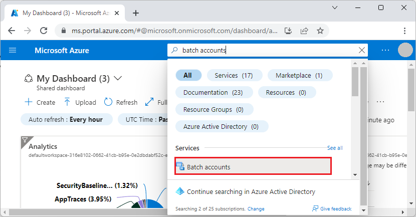 Capture d’écran de la sélection des comptes Batch dans le portail Azure.